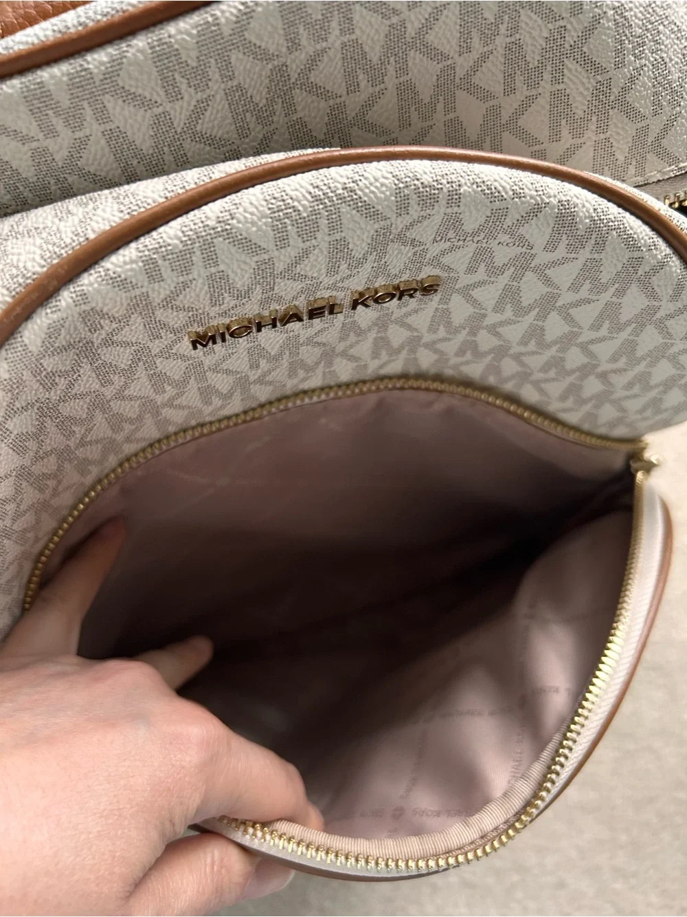 Michael Kors Cream and Brown MK Logo Backpack